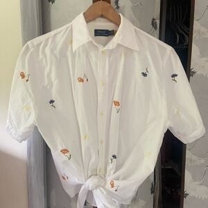 Ralph Lauren White Casual Button Down Shirt with embroidered flowers